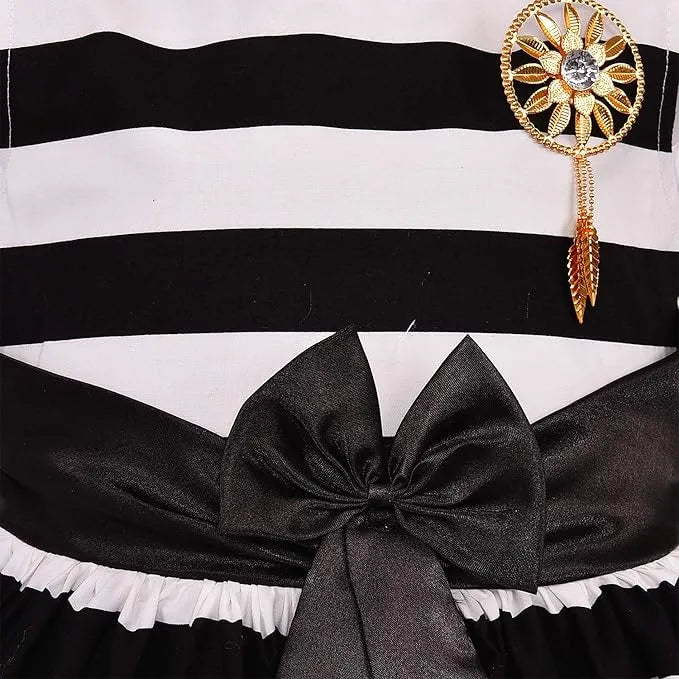 Girls Cotton Sleeveless Striped Party Wear Frock with Bow & Brooch Detail