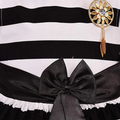 Girls Cotton Sleeveless Striped Party Wear Frock with Bow & Brooch Detail