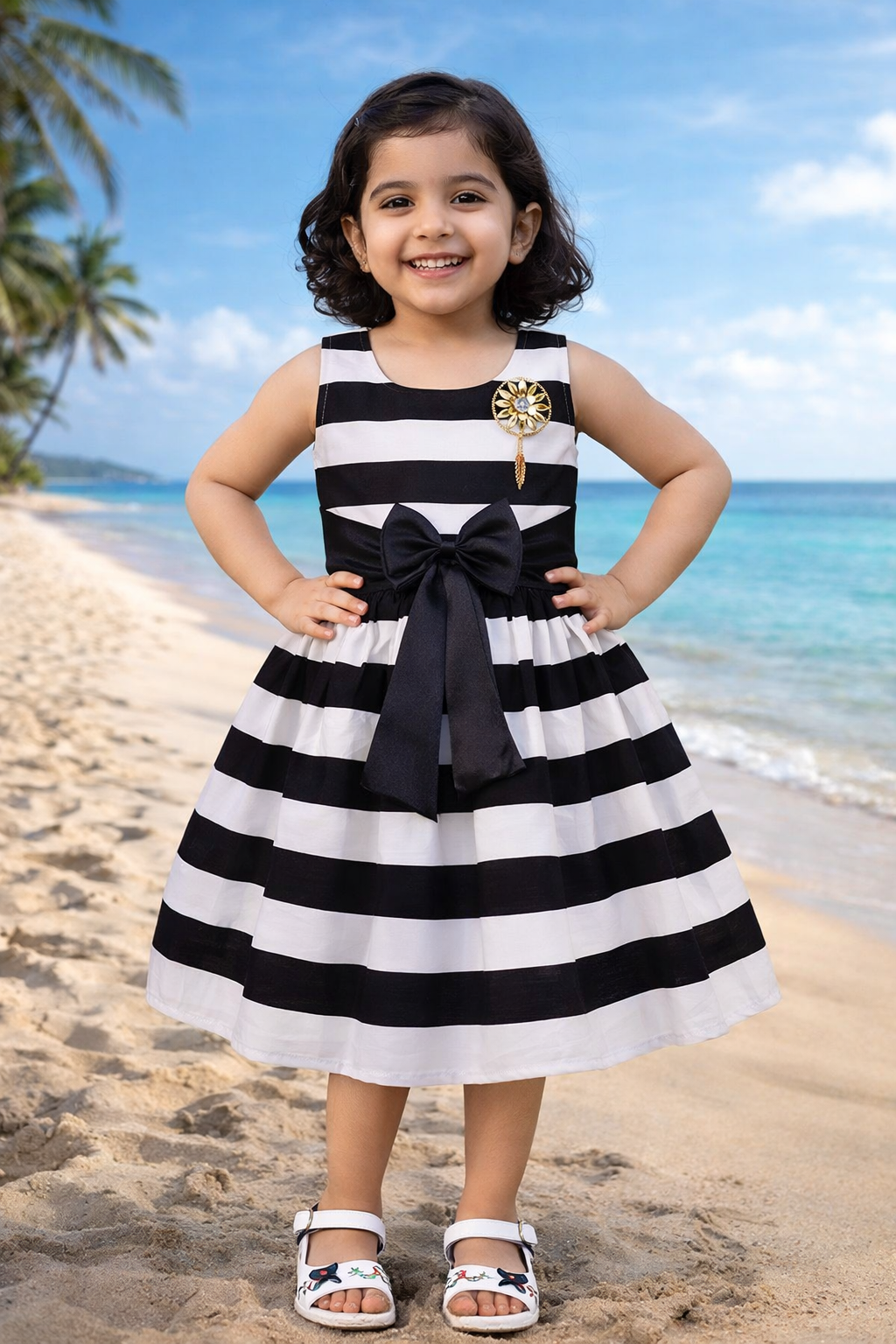 Girls Cotton Sleeveless Striped Party Wear Frock with Bow & Brooch Detail