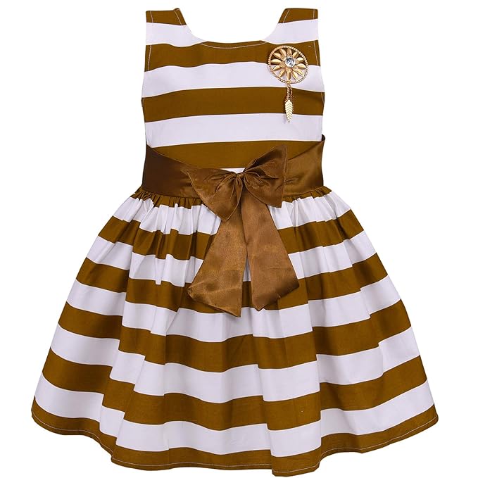 Girls Cotton Sleeveless Striped Party Wear Frock with Bow & Brooch Detail