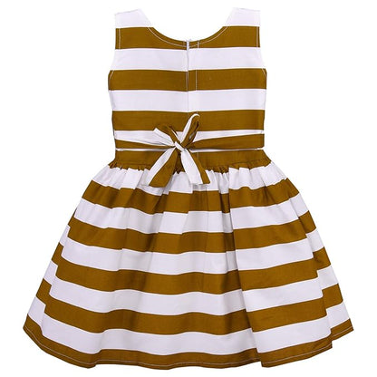 Girls Cotton Sleeveless Striped Party Wear Frock with Bow & Brooch Detail