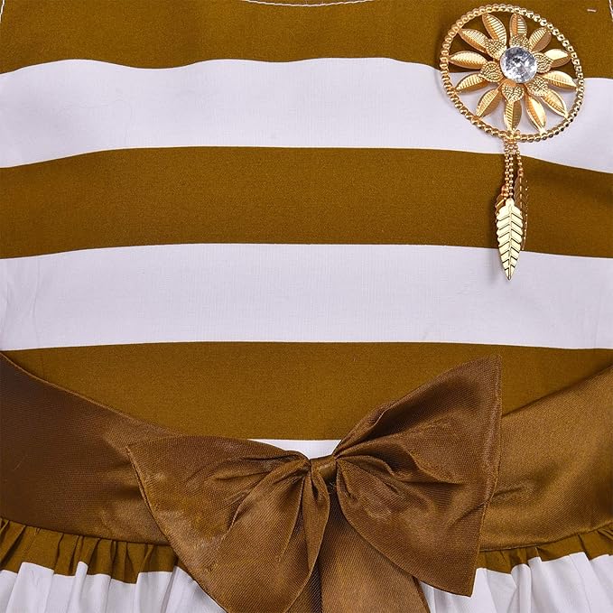 Girls Cotton Sleeveless Striped Party Wear Frock with Bow & Brooch Detail