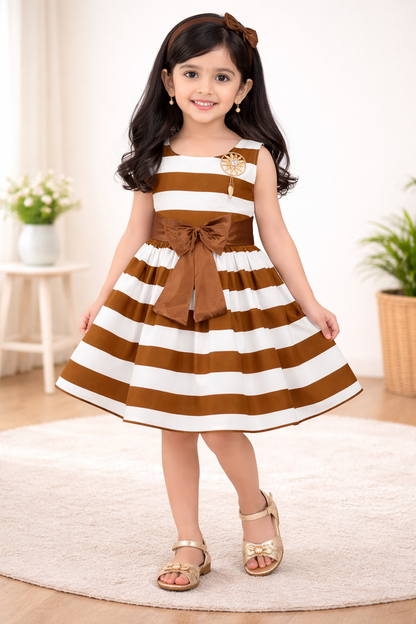 Girls Cotton Sleeveless Striped Party Wear Frock with Bow & Brooch Detail