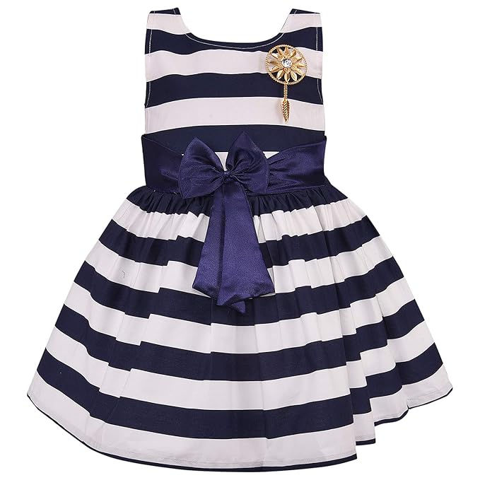 Girls Cotton Sleeveless Striped Party Wear Frock with Bow & Brooch Detail
