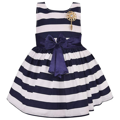 Girls Cotton Sleeveless Striped Party Wear Frock with Bow & Brooch Detail