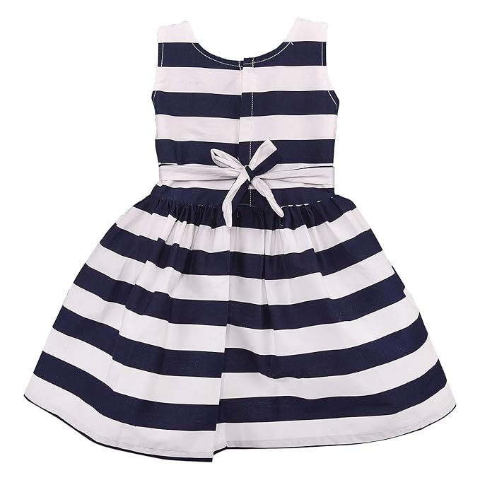 Girls Cotton Sleeveless Striped Party Wear Frock with Bow & Brooch Detail