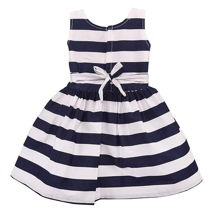 Girls Cotton Sleeveless Striped Party Wear Frock with Bow & Brooch Detail