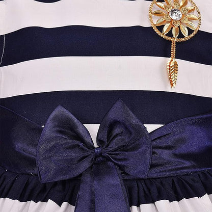 Girls Cotton Sleeveless Striped Party Wear Frock with Bow & Brooch Detail