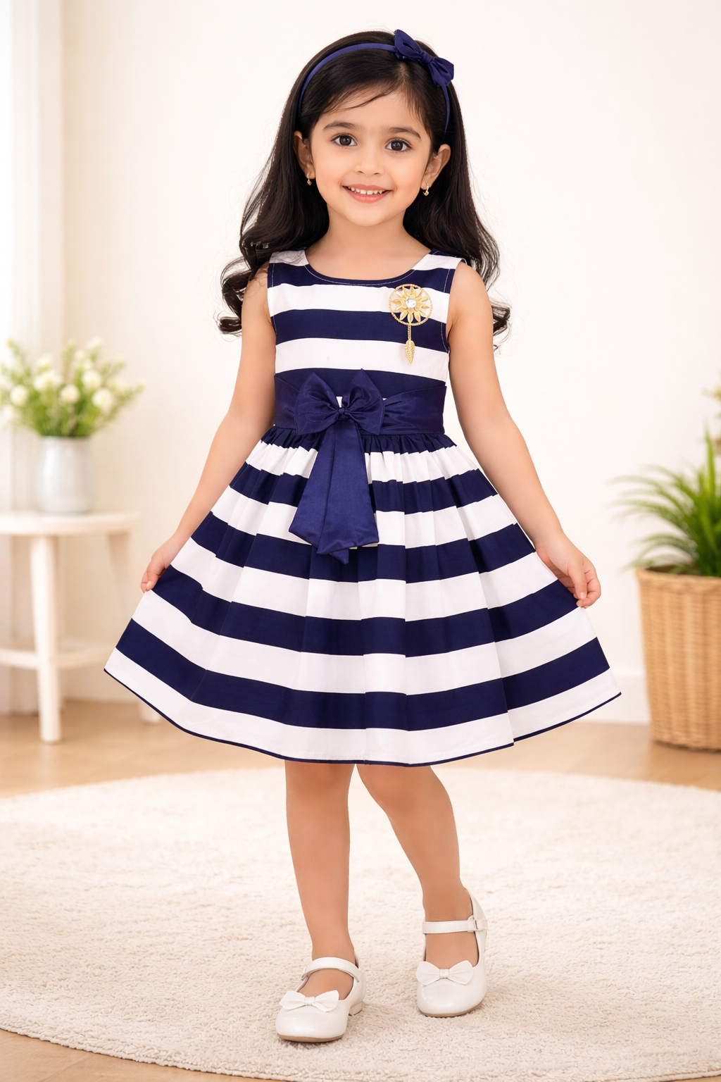 Girls Cotton Sleeveless Striped Party Wear Frock with Bow & Brooch Detail