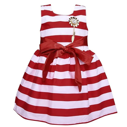 Girls Cotton Sleeveless Striped Party Wear Frock with Bow & Brooch Detail