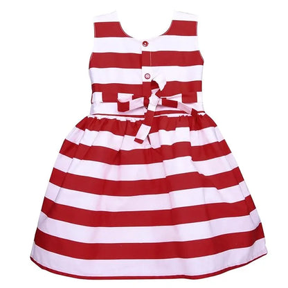 Girls Cotton Sleeveless Striped Party Wear Frock with Bow & Brooch Detail