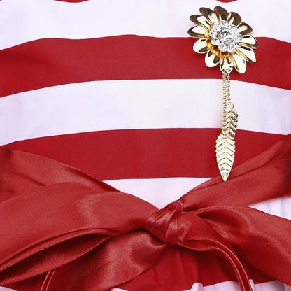 Girls Cotton Sleeveless Striped Party Wear Frock with Bow & Brooch Detail