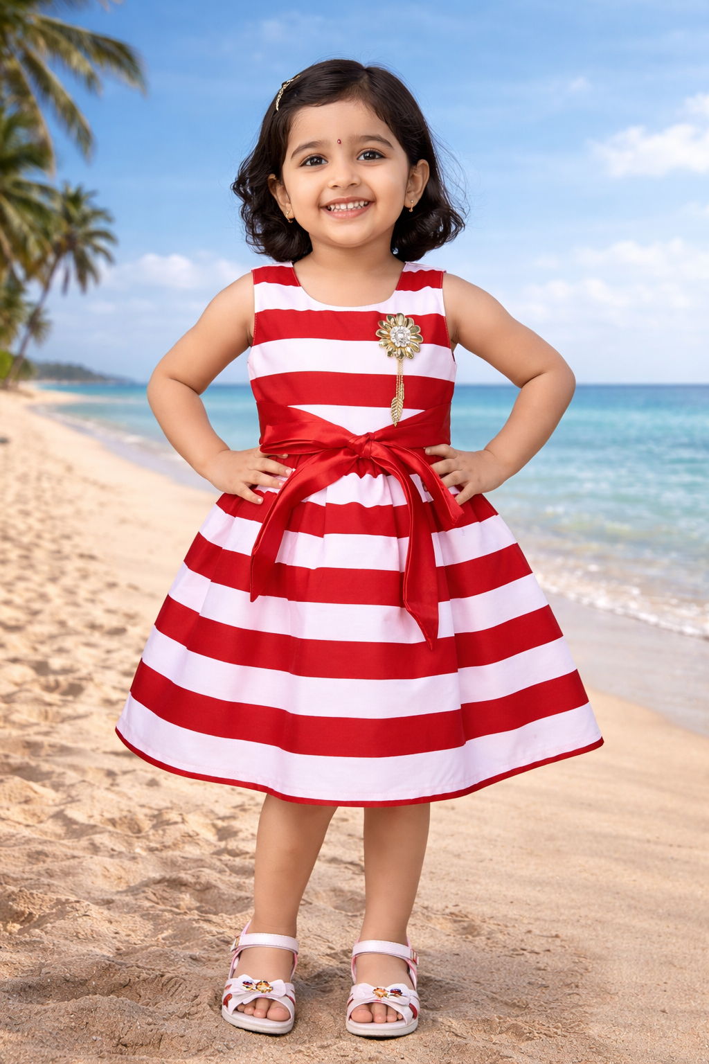 Girls Cotton Sleeveless Striped Party Wear Frock with Bow & Brooch Detail