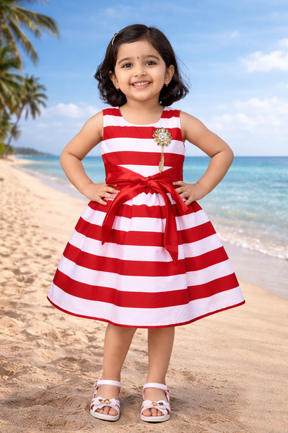 Girls Cotton Sleeveless Striped Party Wear Frock with Bow & Brooch Detail