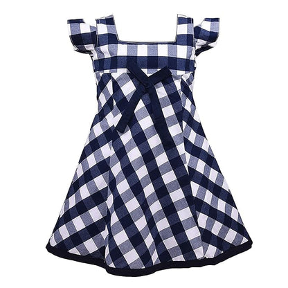 Girls Cotton Checked Party Wear Frock with Bow Detail