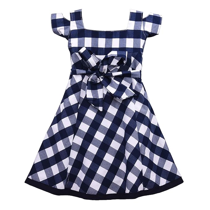 Girls Cotton Checked Party Wear Frock with Bow Detail