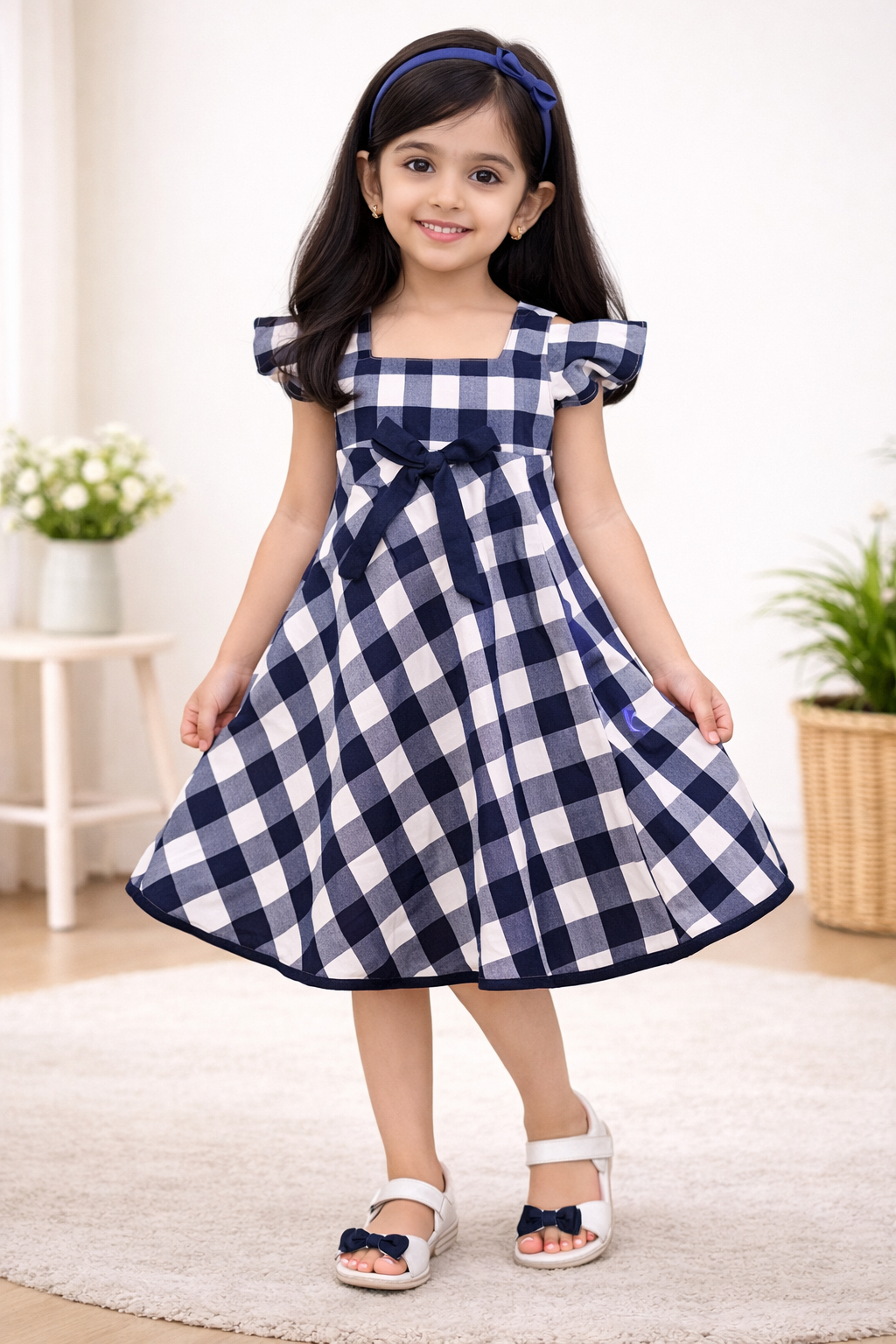 Girls Cotton Checked Party Wear Frock with Bow Detail