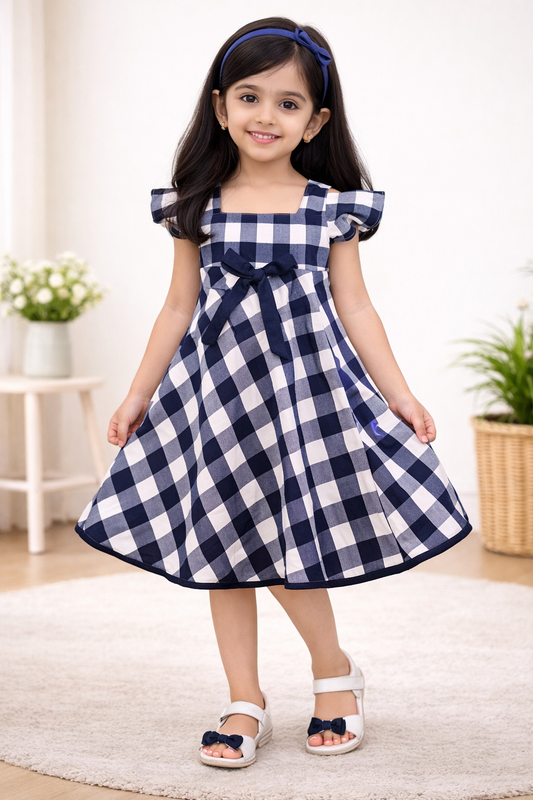 Girls Cotton Checked Party Wear Frock with Bow Detail