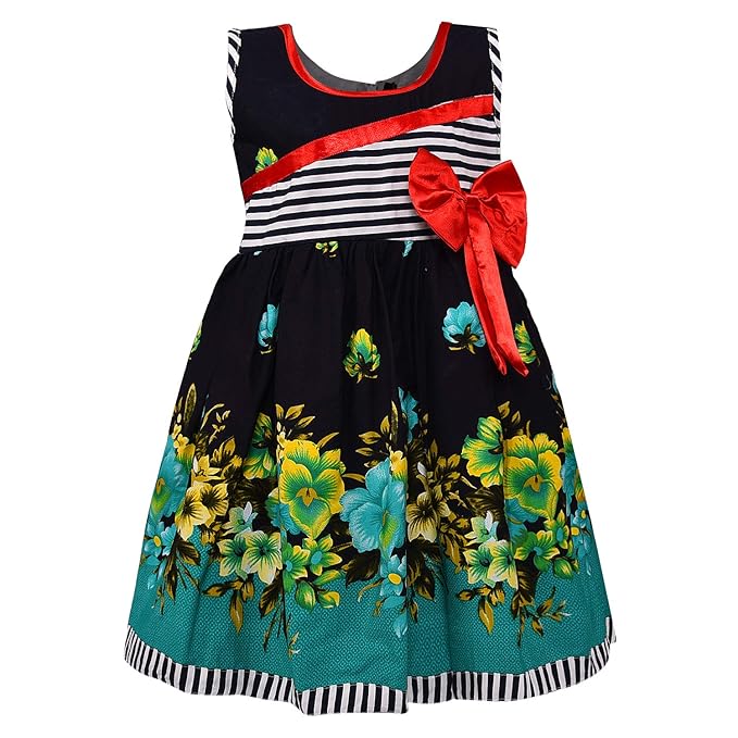 Girls Cotton Floral Party Wear Frock with Stripes & Bow Detail