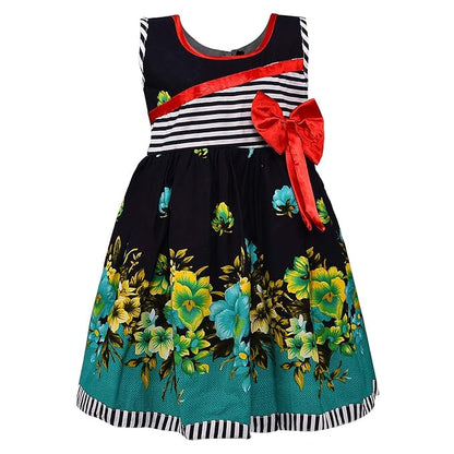 Girls Cotton Floral Party Wear Frock with Stripes & Bow Detail