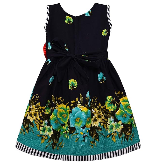 Girls Cotton Floral Party Wear Frock with Stripes & Bow Detail