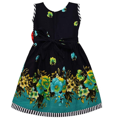 Girls Cotton Floral Party Wear Frock with Stripes & Bow Detail