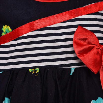 Girls Cotton Floral Party Wear Frock with Stripes & Bow Detail