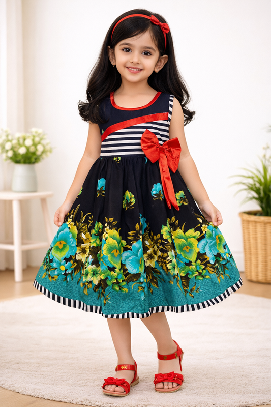 Girls Cotton Floral Party Wear Frock with Stripes & Bow Detail