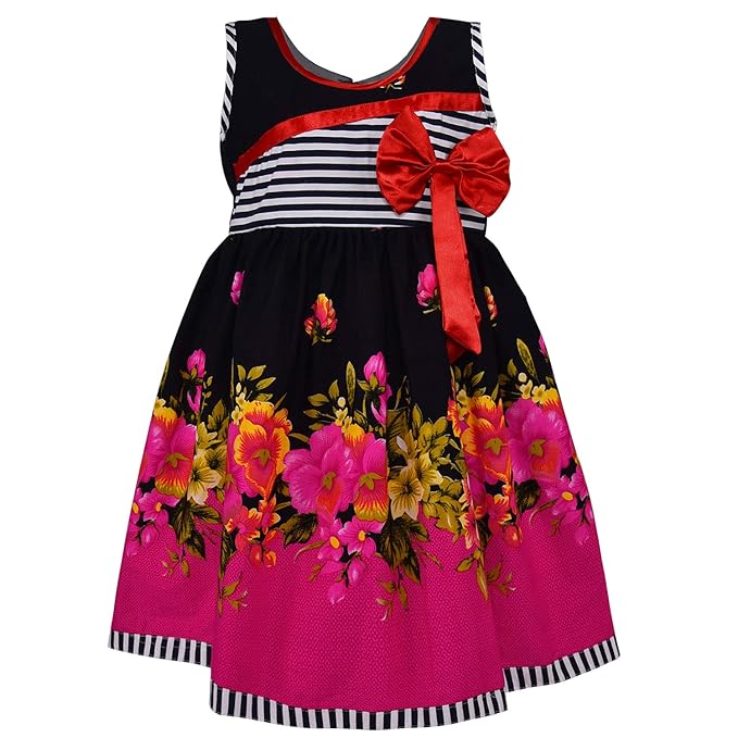 Girls Cotton Floral Party Wear Frock with Stripes & Bow Detail