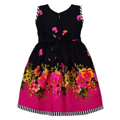 Girls Cotton Floral Party Wear Frock with Stripes & Bow Detail