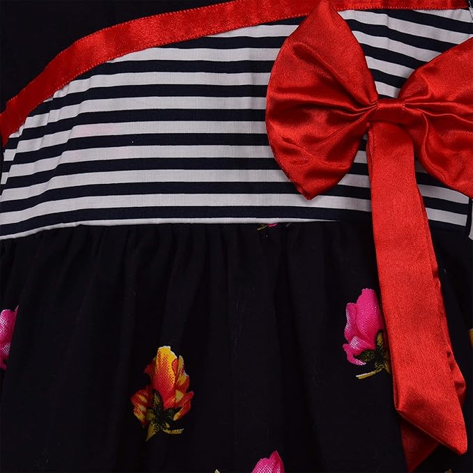 Girls Cotton Floral Party Wear Frock with Stripes & Bow Detail