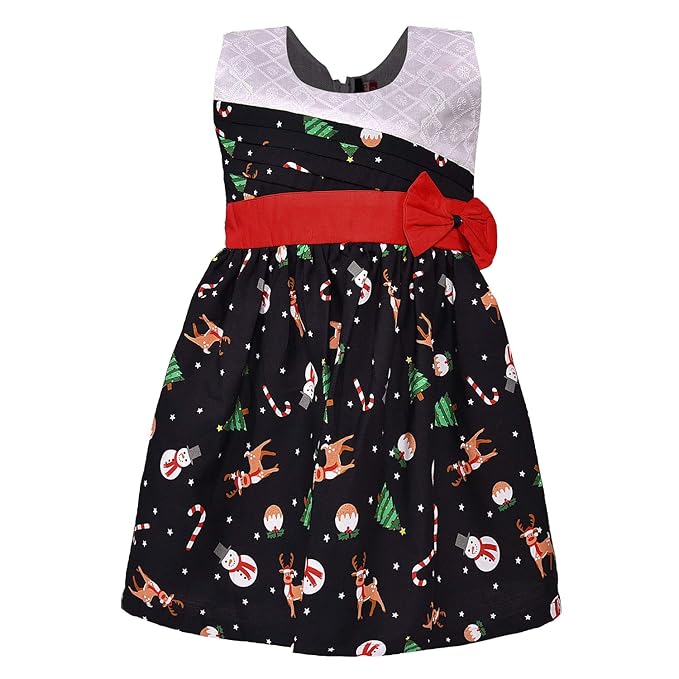 Girls Cotton Floral Party Wear Frock with Stripes & Bow Detail