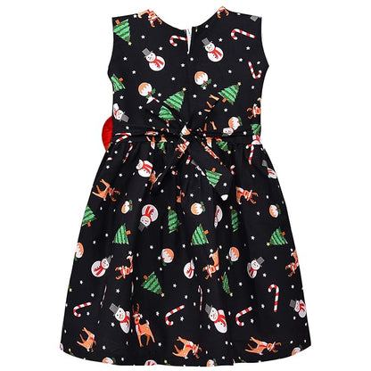 Girls Cotton Floral Party Wear Frock with Stripes & Bow Detail