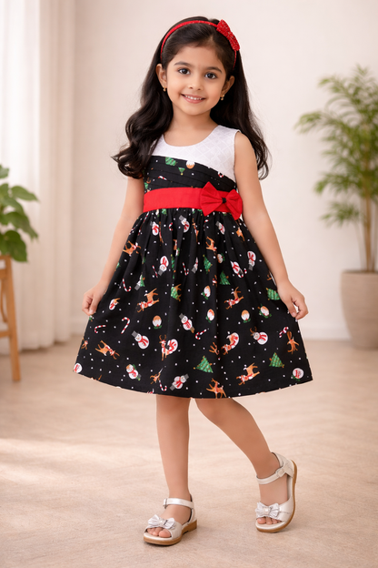 Girls Cotton Floral Party Wear Frock with Stripes & Bow Detail