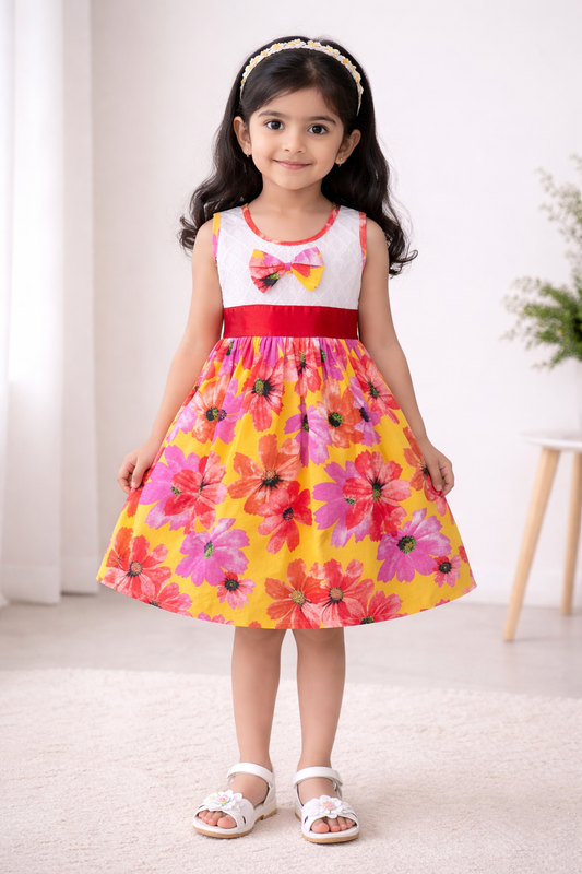 Girls Cotton Floral Party Wear Frock with Bow & Waist Belt