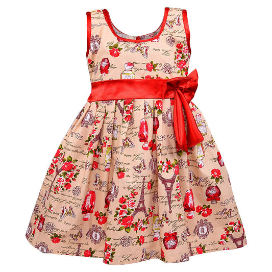 Girls Floral Print Sleeveless Party Dress with Red Satin Bow