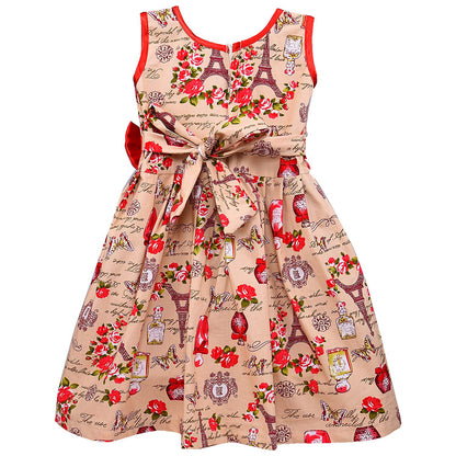 Girls Floral Print Sleeveless Party Dress with Red Satin Bow
