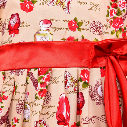 Girls Floral Print Sleeveless Party Dress with Red Satin Bow