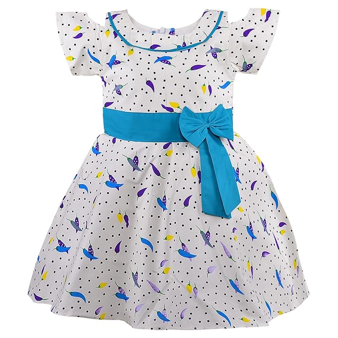 Girls Cotton Polka Dot Printed Frock with Bow Waist Belt