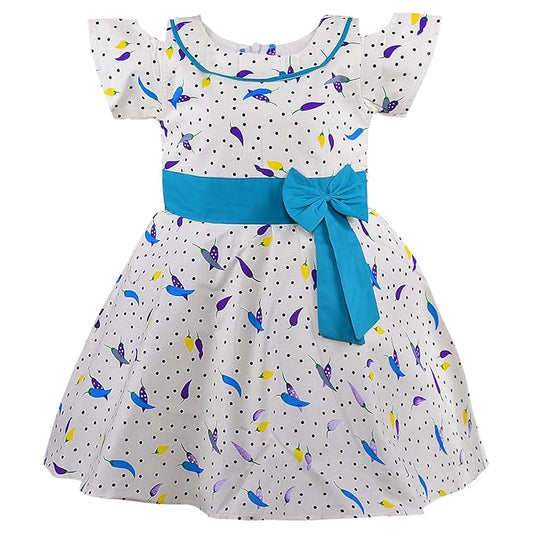 Girls Cotton Polka Dot Printed Frock with Bow Waist Belt