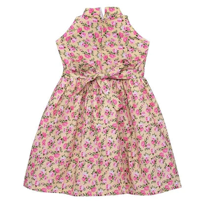 Girls Floral Printed Cotton Halter Neck Frock with Bow Belt
