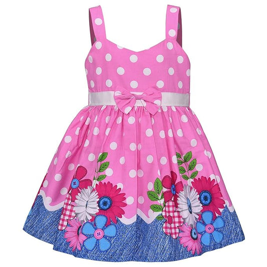Girls Pink Polka Dot Sleeveless Floral Party Dress with Bow