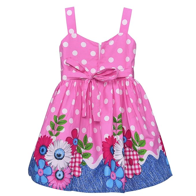 Girls Pink Polka Dot Sleeveless Floral Party Dress with Bow