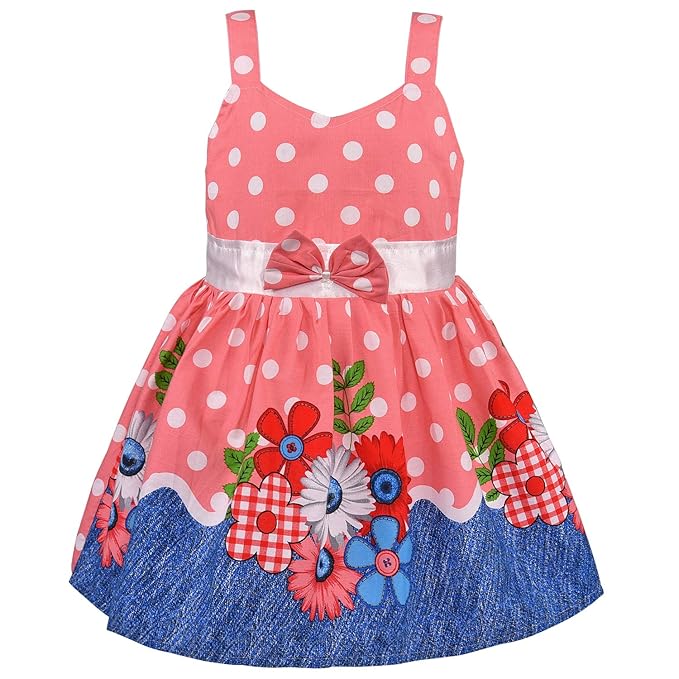 Girls Cotton Polka Dot Printed Frock with Floral Border & Bow