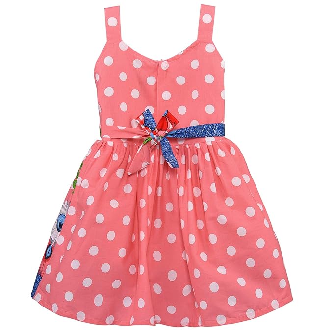 Girls Cotton Polka Dot Printed Frock with Floral Border & Bow
