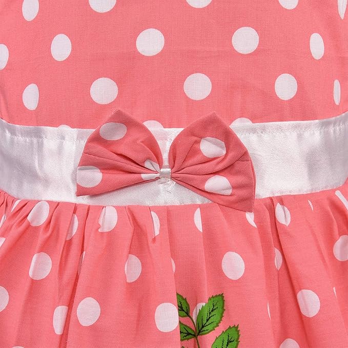 Girls Cotton Polka Dot Printed Frock with Floral Border & Bow