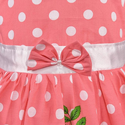 Girls Cotton Polka Dot Printed Frock with Floral Border & Bow