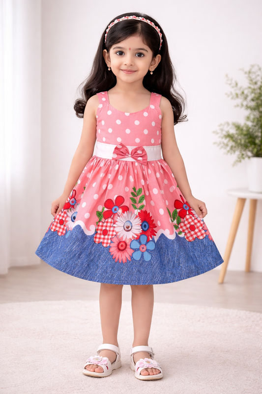 Girls Cotton Polka Dot Printed Frock with Floral Border & Bow