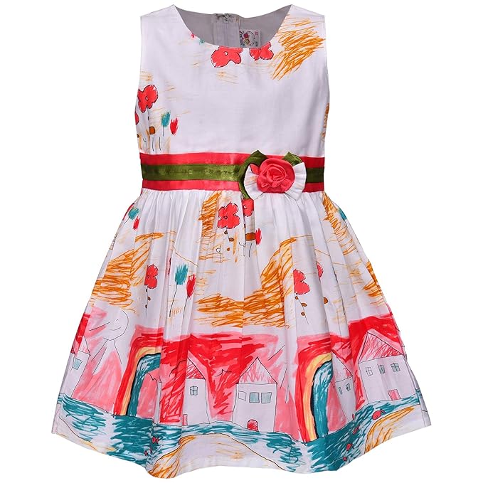Girls Printed Cotton Party Wear Dress with Floral Waist Belt & Bow Detail