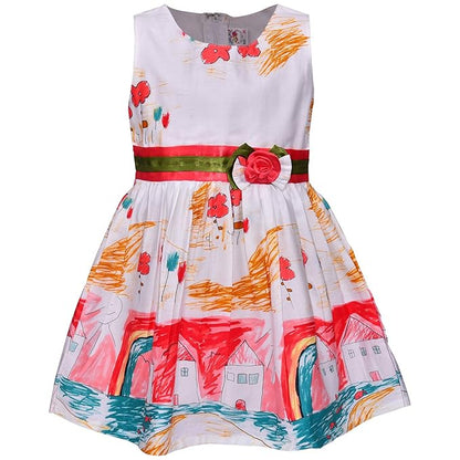 Girls Printed Cotton Party Wear Dress with Floral Waist Belt & Bow Detail